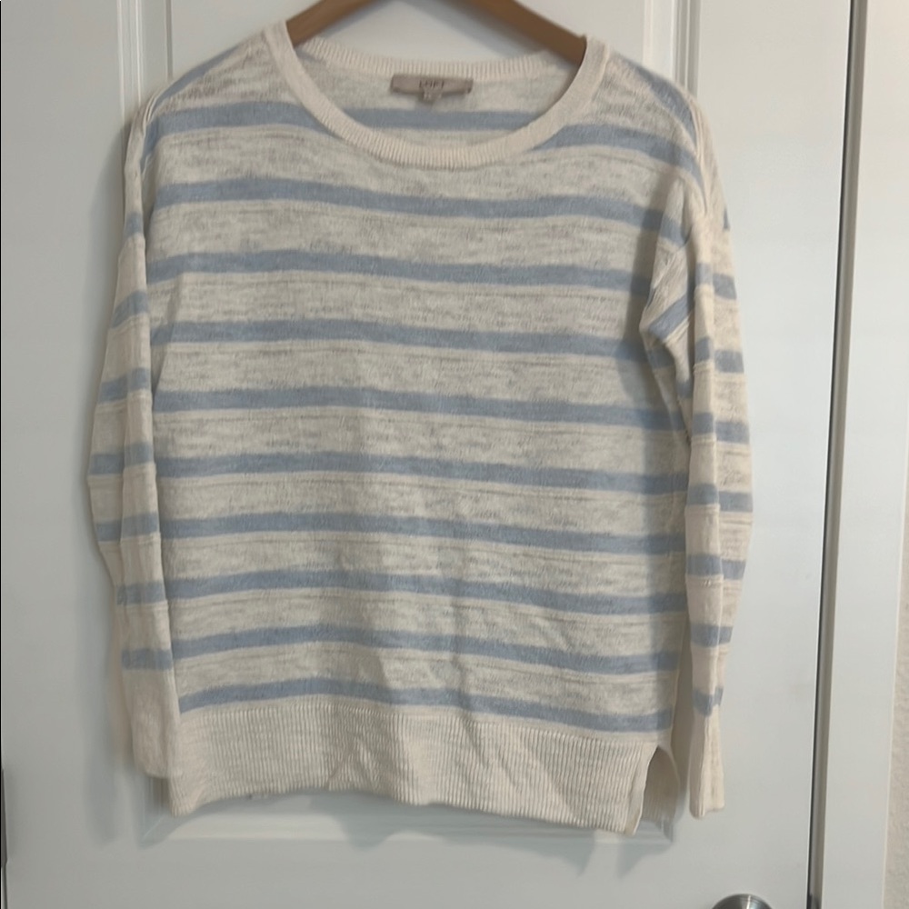 LOFT Blue and Cream Crew Neck Sweater with Stripes